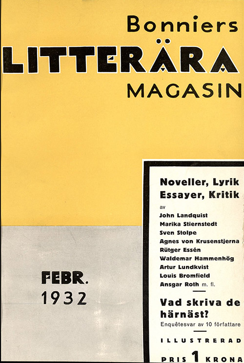 Omslag till Bonniers Litterära Magasin, februari 1932