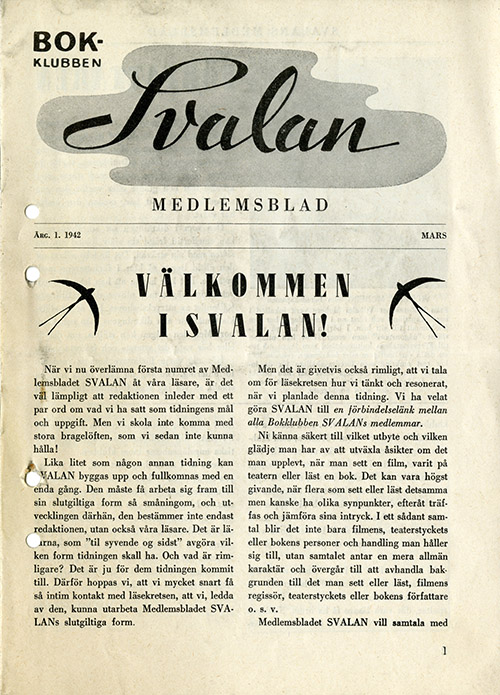 Medlemsblad från bokklubben Svalan, nr 1 1942